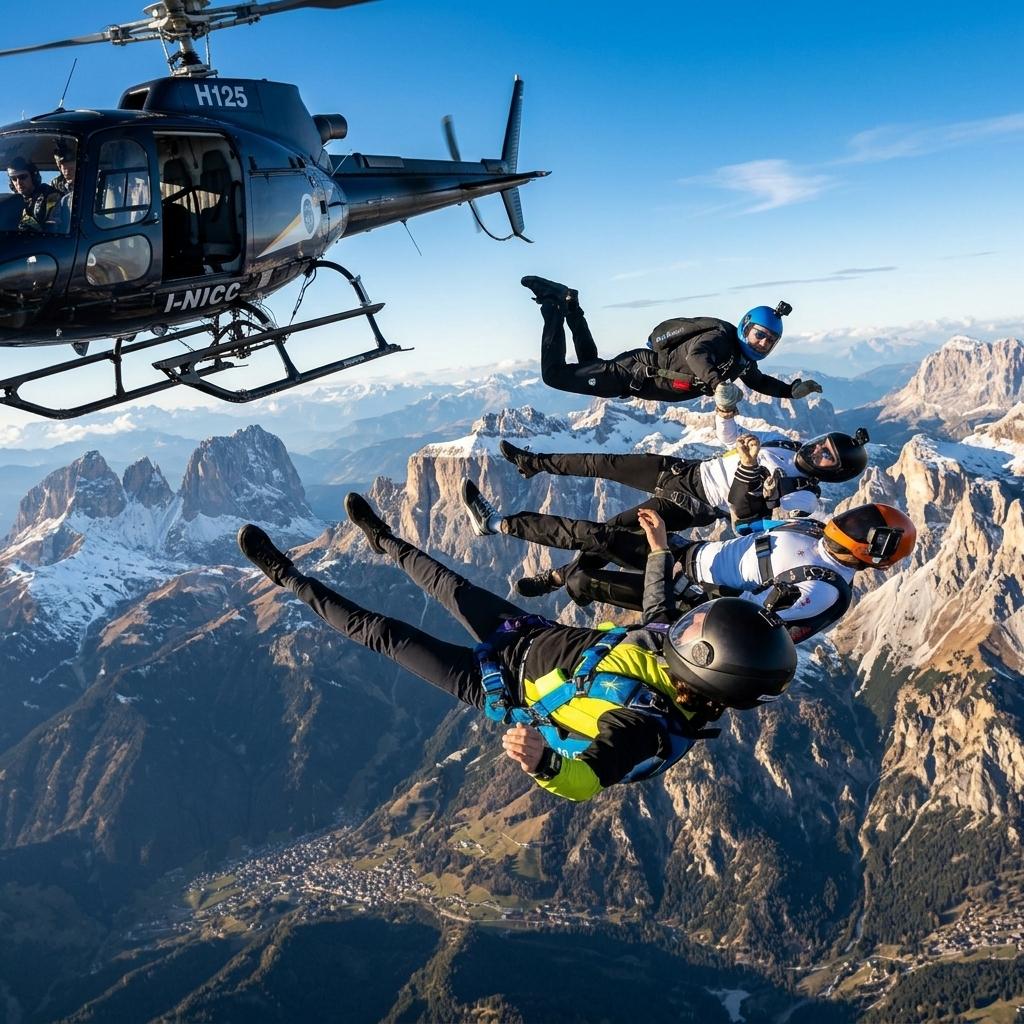 Skydivers exiting the helicopter in freefall over the UNESCO Dolomites