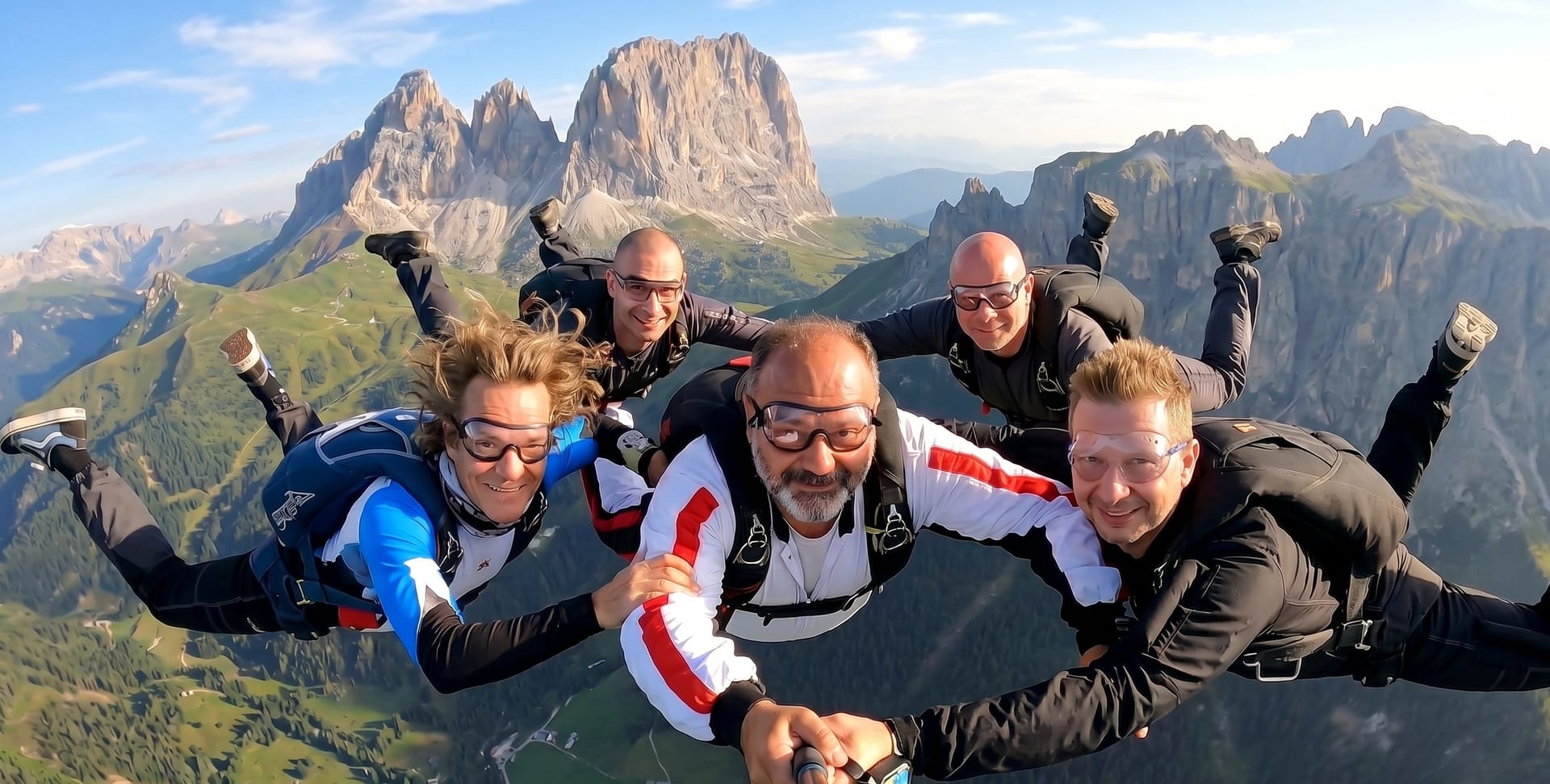 Skydivers in freefall selfie over the UNESCO Dolomites mountains, Val Gardena South Tyrol
