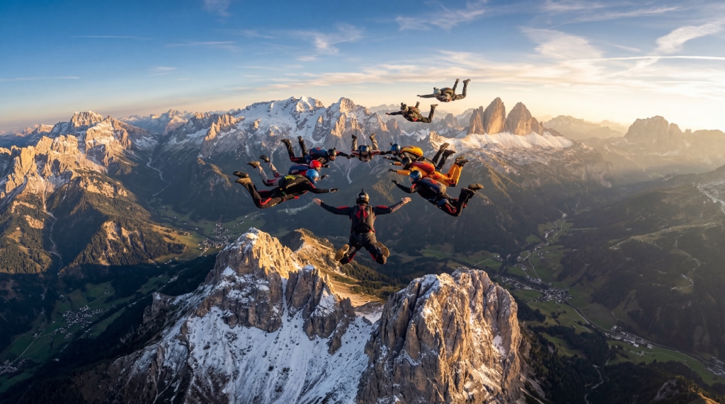 Skydivers in formation freefall over the Dolomites mountains
