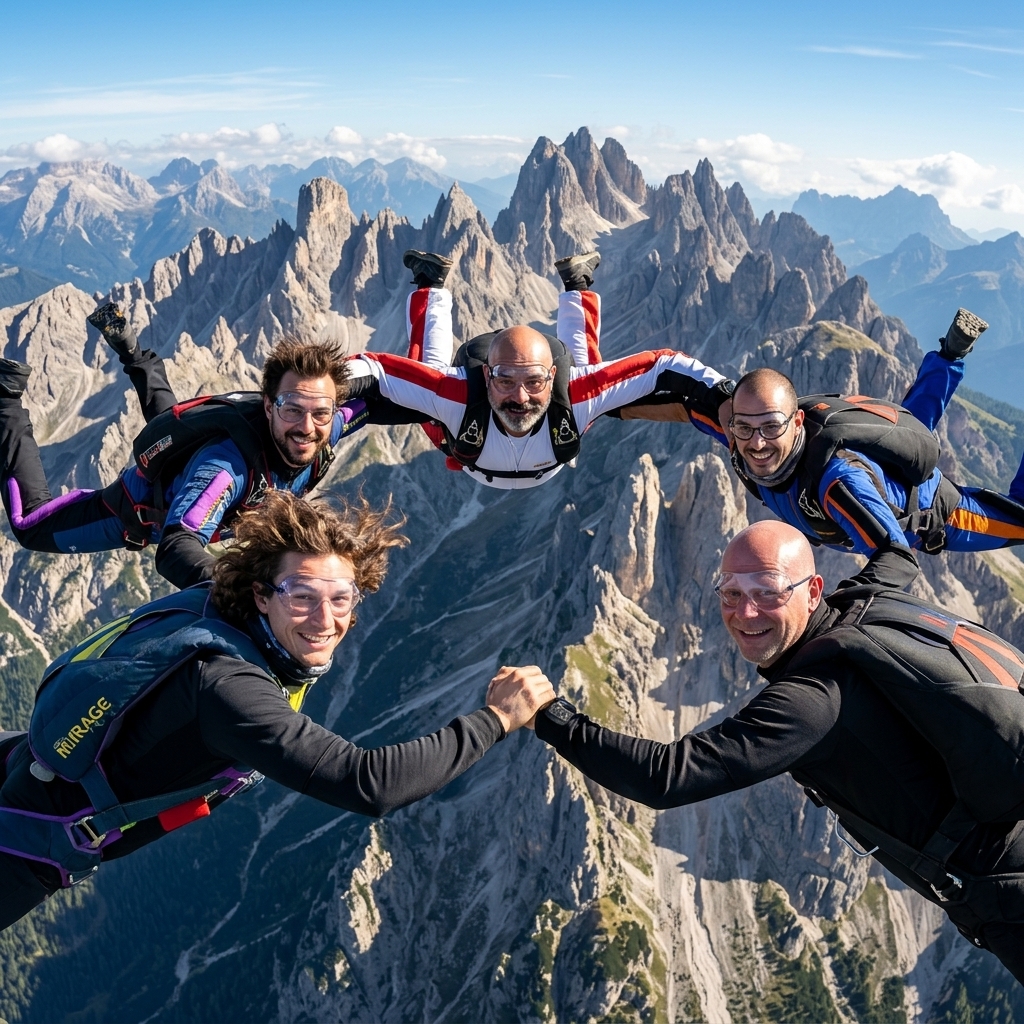 Skydivers in formation freefall over the Dolomites mountains